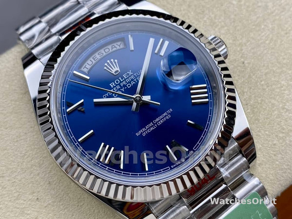 Rolex Day-Date 228239 Blue Roman Dial Fluted Bezel 40mm Mens Replica Watch
