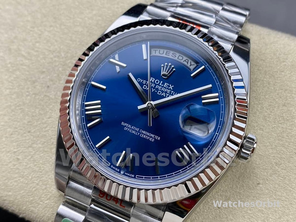 Rolex Day-Date 228239 Blue Roman Dial Fluted Bezel 40mm Mens Replica Watch
