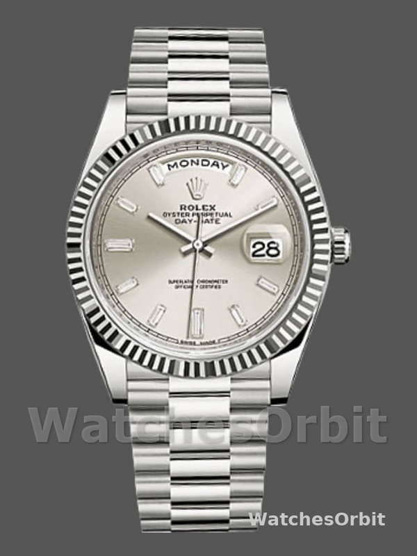 Rolex Day-Date 228239 Silver Baguette Diamond Dial Fluted Bezel 40mm Mens Replica Watch