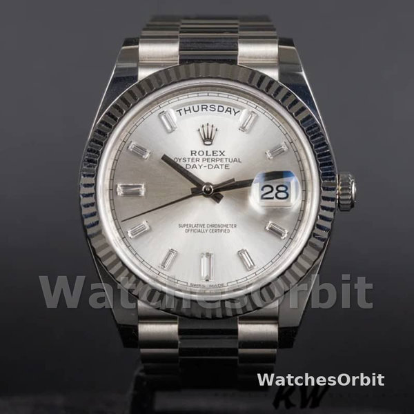 Rolex Day-Date 228239 Silver Baguette Diamond Dial Fluted Bezel 40mm Mens Replica Watch