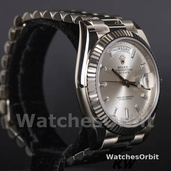 Rolex Day-Date 228239 Silver Baguette Diamond Dial Fluted Bezel 40mm Mens Replica Watch
