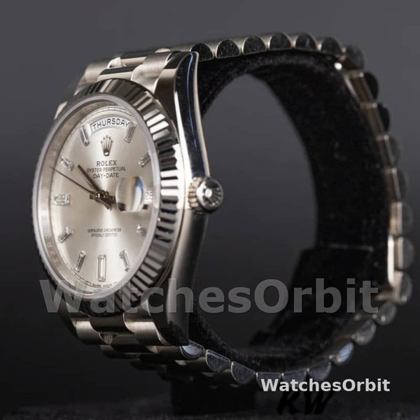 Rolex Day-Date 228239 Silver Baguette Diamond Dial Fluted Bezel 40mm Mens Replica Watch