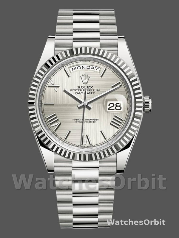 Rolex Day-Date 228239 Silver Quadrant Motif Roman Dial Fluted Bezel 40mm Mens Replica Watch