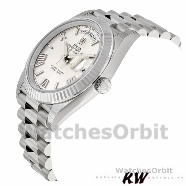 Rolex Day-Date 228239 Silver Quadrant Motif Roman Dial Fluted Bezel 40mm Mens Replica Watch
