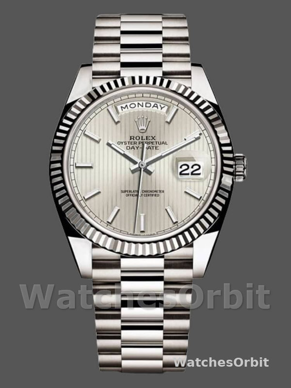 Rolex Day-Date 228239 Silver Stripe Motif Dial Fluted Bezel 40mm Mens Replica Watch