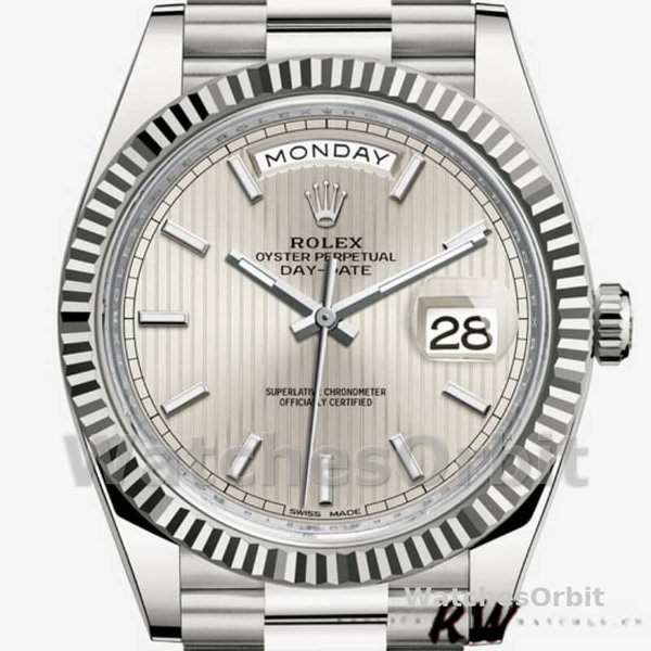 Rolex Day-Date 228239 Silver Stripe Motif Dial Fluted Bezel 40mm Mens Replica Watch