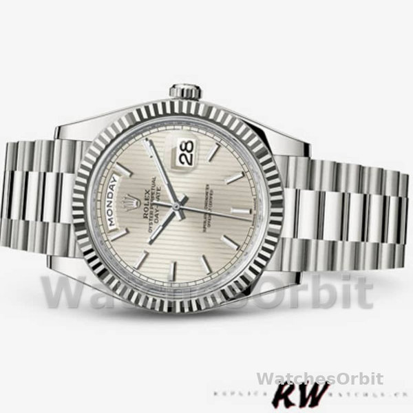 Rolex Day-Date 228239 Silver Stripe Motif Dial Fluted Bezel 40mm Mens Replica Watch