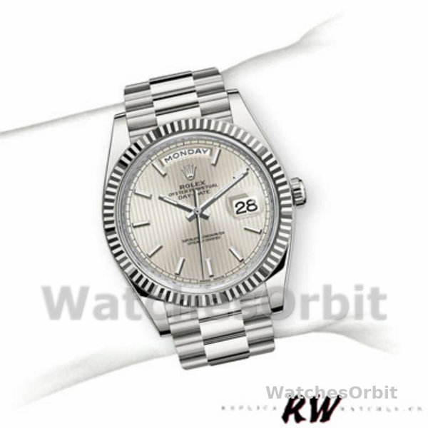 Rolex Day-Date 228239 Silver Stripe Motif Dial Fluted Bezel 40mm Mens Replica Watch