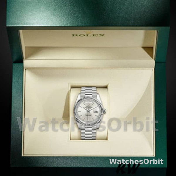 Rolex Day-Date 228239 Silver Stripe Motif Dial Fluted Bezel 40mm Mens Replica Watch