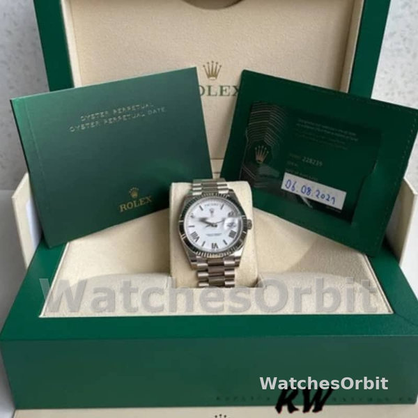 Rolex Day-Date 228239 White Roman Dial Fluted Bezel 40mm Mens Replica Watch