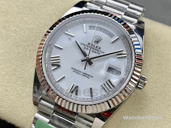Rolex Day-Date 228239 White Roman Dial Fluted Bezel 40mm Mens Replica Watch