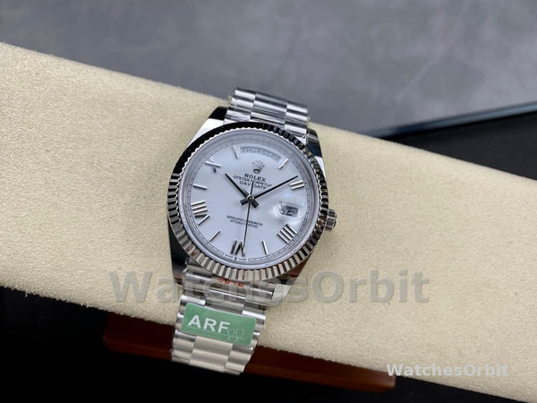 Rolex Day-Date 228239 White Roman Dial Fluted Bezel 40mm Mens Replica Watch