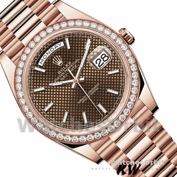 Rolex Day-Date 228345RBR Chocolate Brown Diagonal Motif Dial Diamond Bezel 40mm Mens Replica Watch