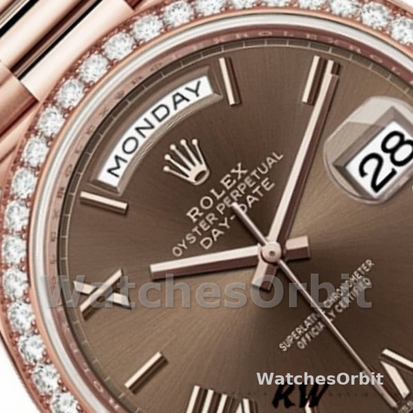 Rolex Day-Date 228345RBR Chocolate Brown Roman Dial Diamond Bezel 40mm Mens Replica Watch
