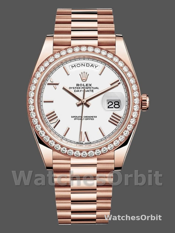 Rolex Day-Date 228345RBR White Roman Dial Diamond Bezel 40mm Mens Replica Watch