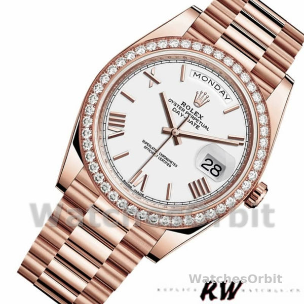 Rolex Day-Date 228345RBR White Roman Dial Diamond Bezel 40mm Mens Replica Watch