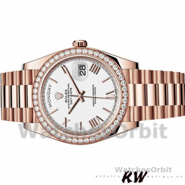 Rolex Day-Date 228345RBR White Roman Dial Diamond Bezel 40mm Mens Replica Watch