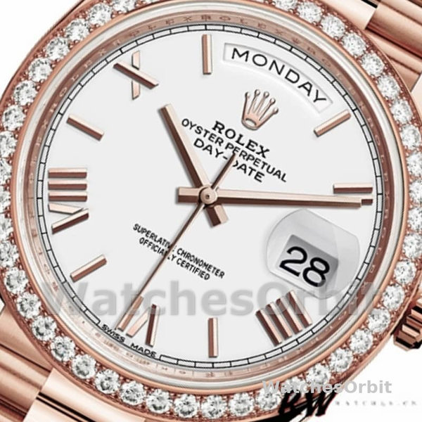 Rolex Day-Date 228345RBR White Roman Dial Diamond Bezel 40mm Mens Replica Watch