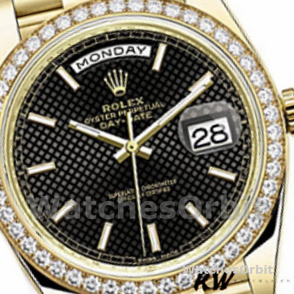 Rolex Day-Date 228348RBR Black Diagonal Motif Dial Diamond Bezel 40mm Mens Replica Watch