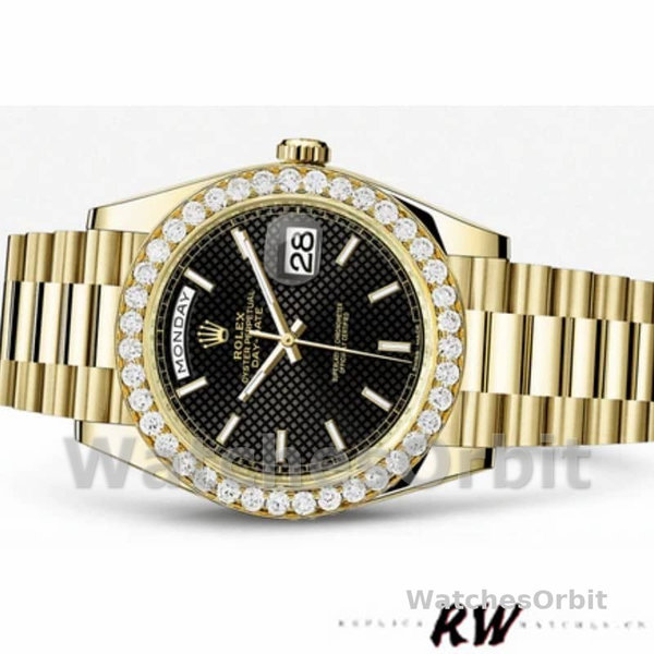 Rolex Day-Date 228348RBR Black Diagonal Motif Dial Diamond Bezel 40mm Mens Replica Watch