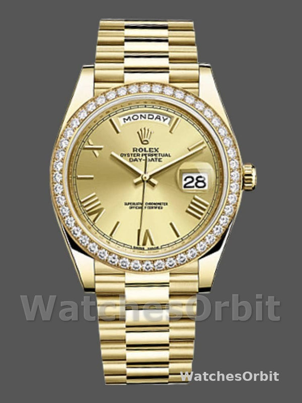 Rolex Day-Date 228348RBR Champagne Roman Dial Diamond Bezel 40mm Mens Replica Watch