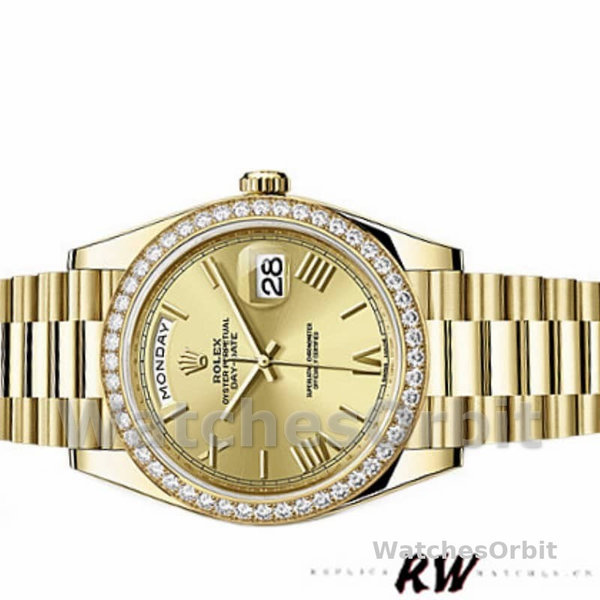 Rolex Day-Date 228348RBR Champagne Roman Dial Diamond Bezel 40mm Mens Replica Watch