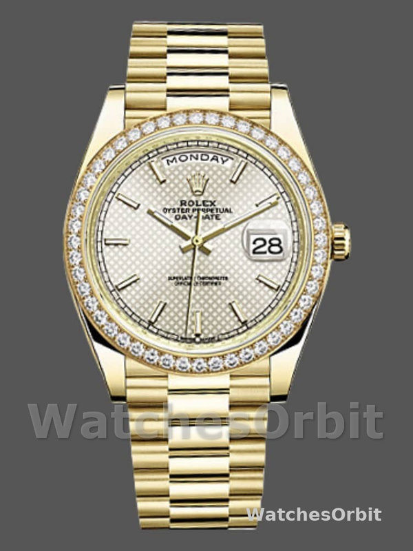 Rolex Day-Date 228348RBR Silver Diagonal Motif Dial Diamond Bezel 40mm Mens Replica Watch