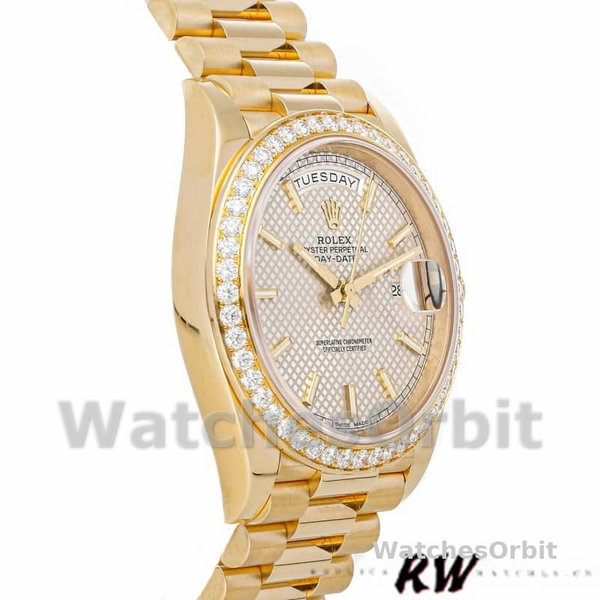 Rolex Day-Date 228348RBR Silver Diagonal Motif Dial Diamond Bezel 40mm Mens Replica Watch