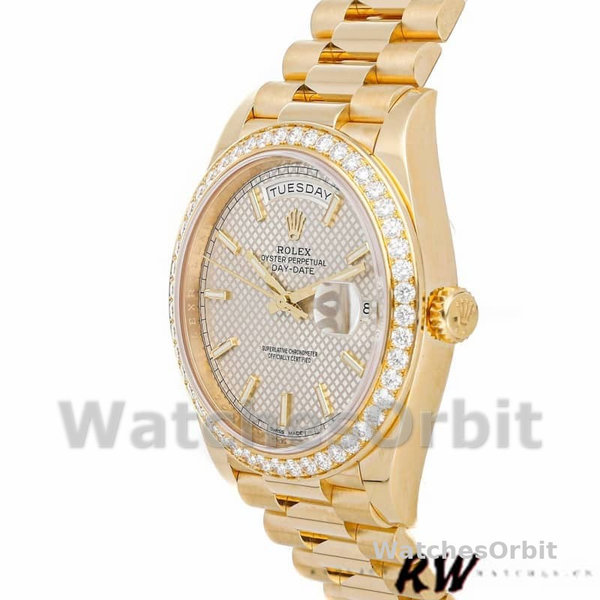 Rolex Day-Date 228348RBR Silver Diagonal Motif Dial Diamond Bezel 40mm Mens Replica Watch