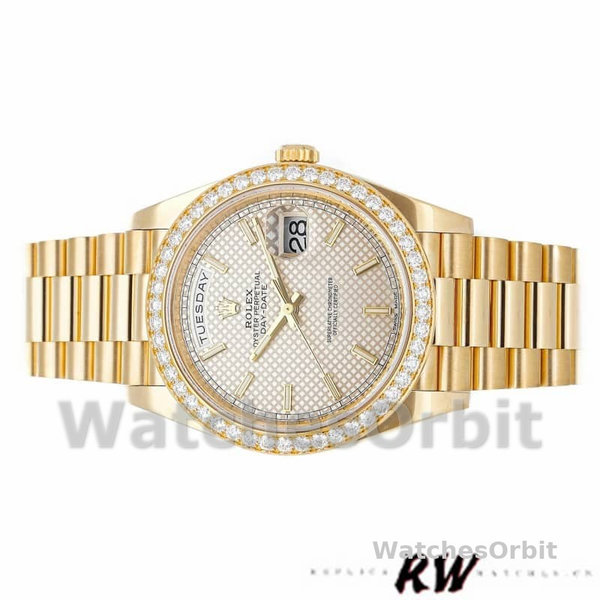 Rolex Day-Date 228348RBR Silver Diagonal Motif Dial Diamond Bezel 40mm Mens Replica Watch