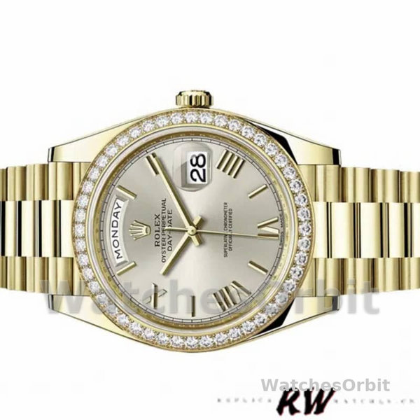 Rolex Day-Date 228348RBR Silver Roman Dial Diamond Bezel 40mm Mens Replica Watch