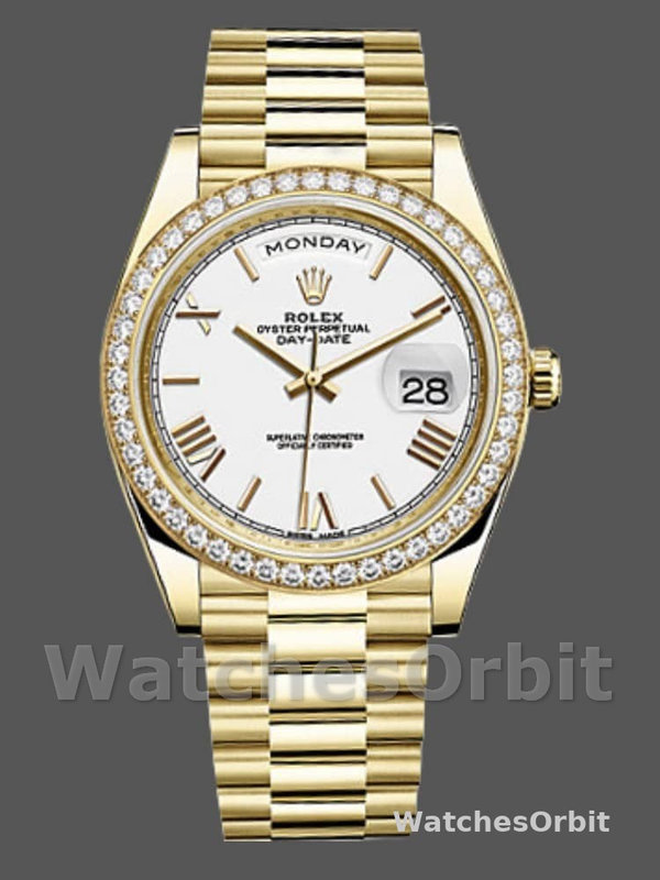 Rolex Day-Date 228348RBR White Roman Dial Diamond Bezel 40mm Mens Replica Watch
