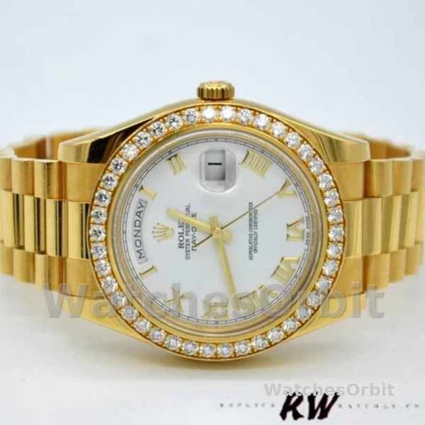 Rolex Day-Date 228348RBR White Roman Dial Diamond Bezel 40mm Mens Replica Watch