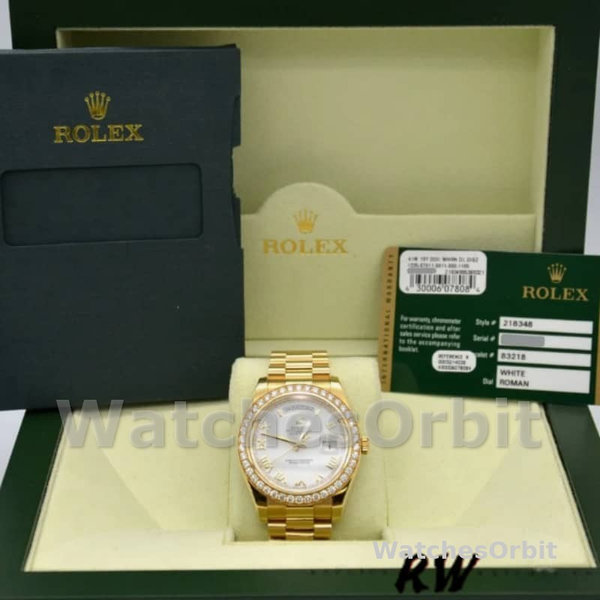 Rolex Day-Date 228348RBR White Roman Dial Diamond Bezel 40mm Mens Replica Watch