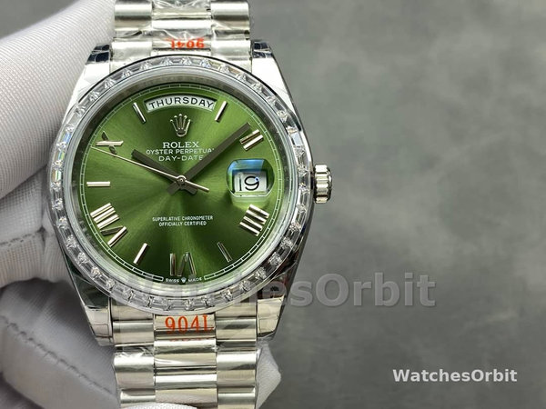 Rolex Day-Date 228349RBR Green Roman Dial Diamond Bezel 40mm Mens Replica Watch