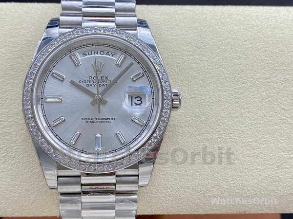 Rolex Day-Date 228349RBR Silver Dial Diamond Bezel 40mm Mens Replica Watch