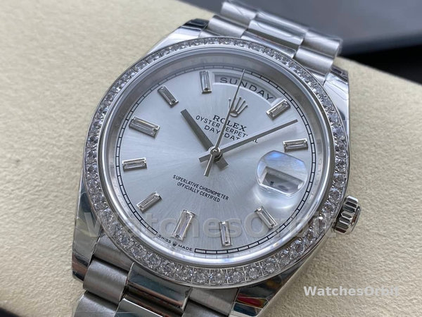 Rolex Day-Date 228349RBR Silver Dial Diamond Bezel 40mm Mens Replica Watch