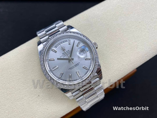 Rolex Day-Date 228349RBR Silver Dial Diamond Bezel 40mm Mens Replica Watch