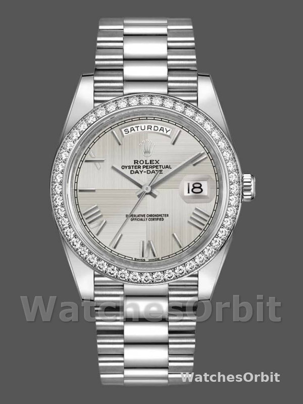Rolex Day-Date 228349RBR Silver Roman Dial Diamond Bezel 40mm Mens Replica Watch