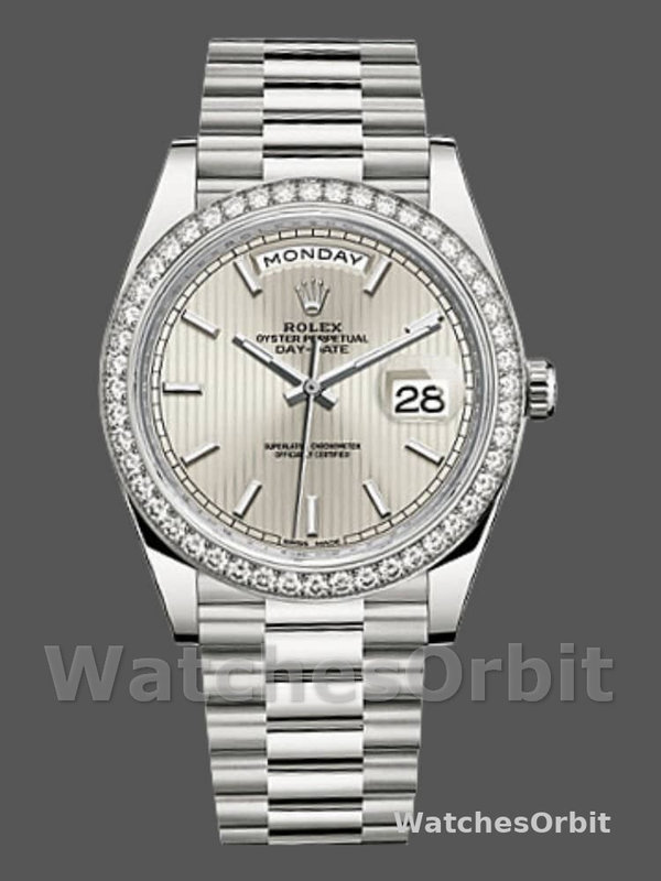 Rolex Day-Date 228349RBR Silver Stripe Motif Dial Diamond Bezel 40mm Mens Replica Watch