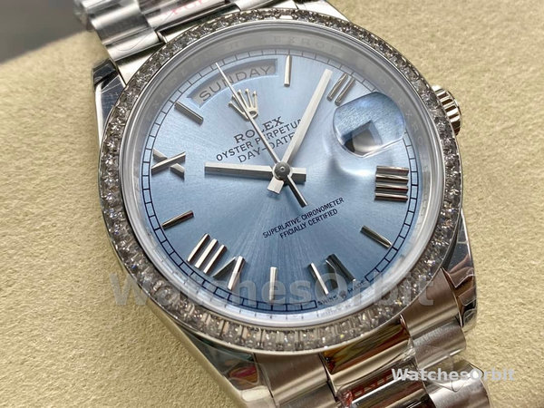 Rolex Day-Date 228396TBR 0030 Ice Blue Dial Platinum Diamond Bezel 40mm Mens Replica Watch