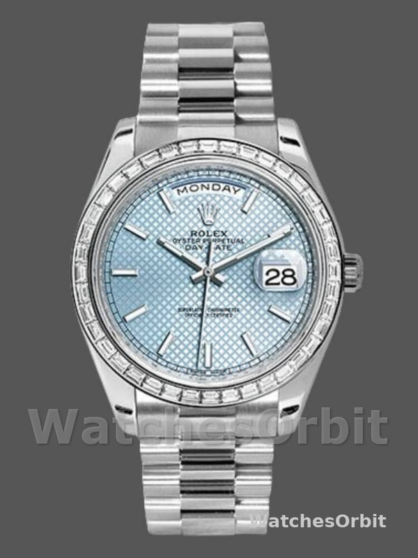 Rolex Day-Date 228396TBR Ice Blue Diagonal Motif Dial Diamond Bezel 40mm Mens Replica Watch