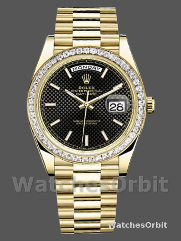 Rolex Day-Date 228398TBR Black Diagonal Motif Dial Diamond Bezel 40mm Mens Replica Watch