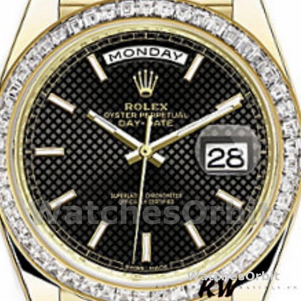 Rolex Day-Date 228398TBR Black Diagonal Motif Dial Diamond Bezel 40mm Mens Replica Watch