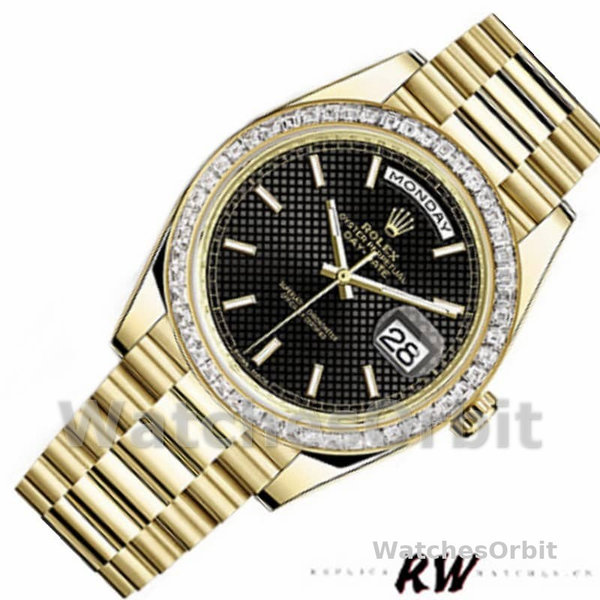 Rolex Day-Date 228398TBR Black Diagonal Motif Dial Diamond Bezel 40mm Mens Replica Watch