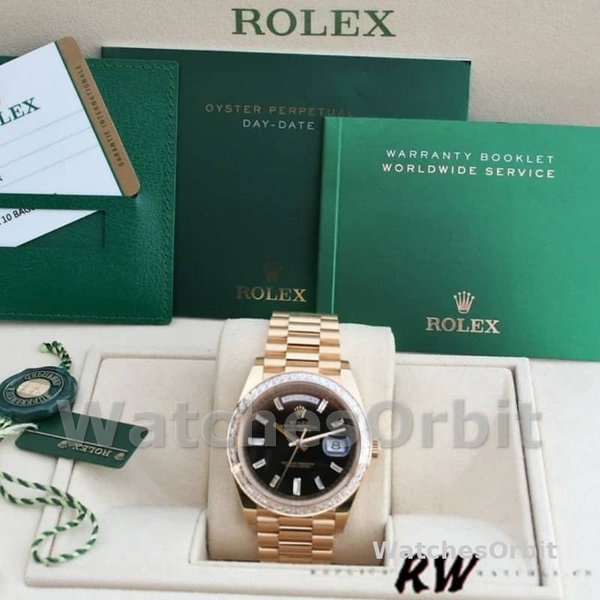 Rolex Day-Date 228398TBR Black Diamond Dial Diamond Bezel 40mm Mens Replica Watch