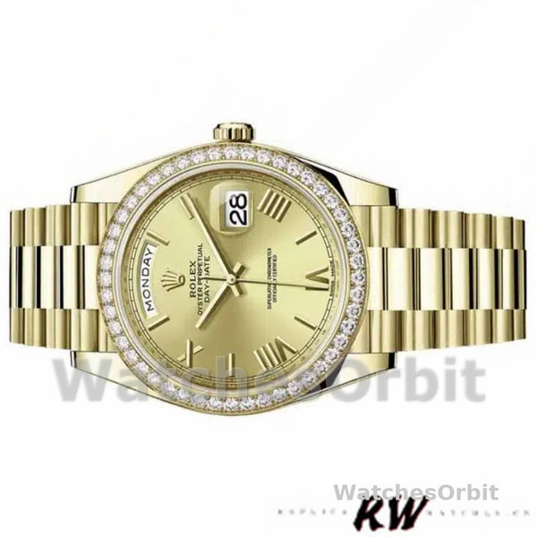 Rolex Day-Date 228398TBR Champagne Roman Numeral Dial Diamond Bezel 40mm Mens Replica Watch