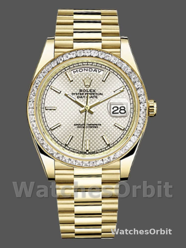 Rolex Day-Date 228398TBR Silver Diagonal Motif Dial Diamond Bezel 40mm Mens Replica Watch