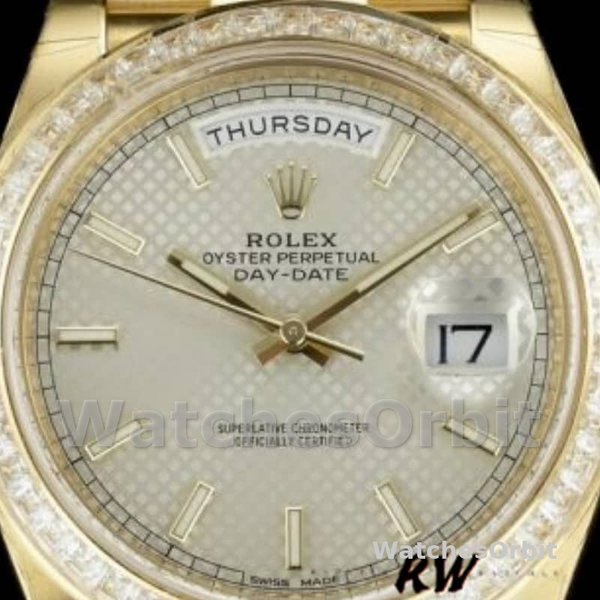 Rolex Day-Date 228398TBR Silver Diagonal Motif Dial Diamond Bezel 40mm Mens Replica Watch