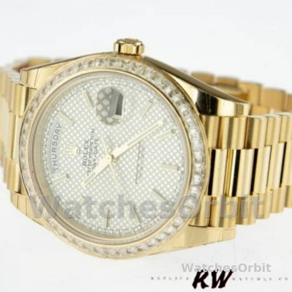 Rolex Day-Date 228398TBR Silver Diagonal Motif Dial Diamond Bezel 40mm Mens Replica Watch